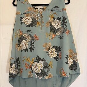 Tempted Hearts Sage Green Floral Zip V-Neck Blouse